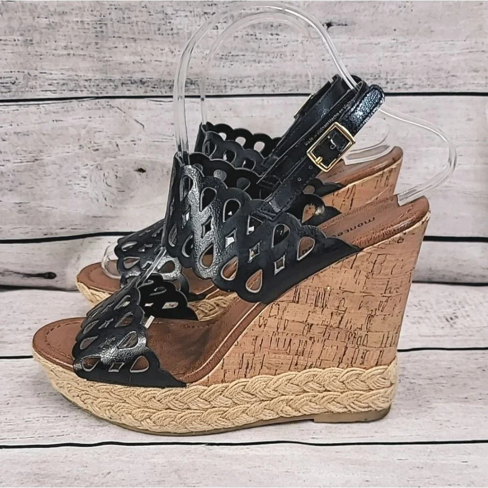 Montego Bay Club Black Cork Strappy Wedge Penny Penny Womens Size 8.5